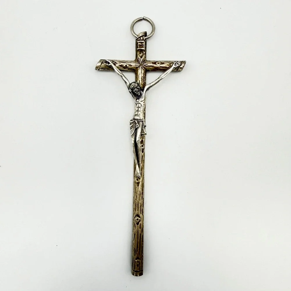 Vintage Italy Silver Tone Bark Large Jesus Crucifix Pendant INRI 4 Inch Goth